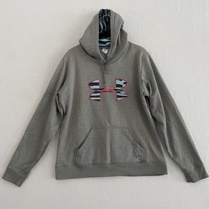 Under Armour Hooded Hoodie Sweatshirt Women's Large Gray Light Blue Striped